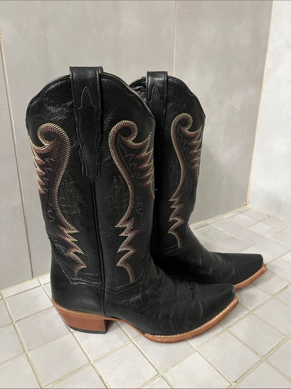 Dan Post Black Leather Western Boots with Brown Accents